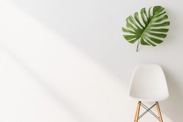 Aufkleber - Minimalist Workspace Aesthetic White Monstera Leaf and Ergonomic Chair on Wooden Legs - Modern Office Design for Creative Industry and Eco-Friendly Productivity