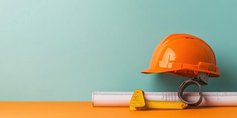Poster - Modern Industrial Design Orange Hard Hat on Structural Blueprints and Measuring Tools - Streamlined Construction Graphics for Innovative Engineering Solutions