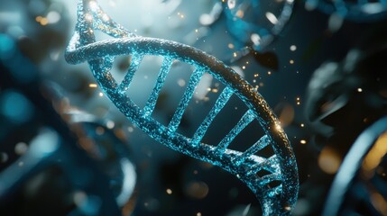 Wall Mural - close-up of a shimmering dna double helix structure with particles in a dark background