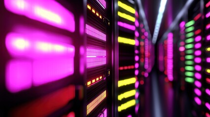 Wall Mural - futuristic data center illuminated by vibrant pink, yellow, and purple lights, showcasing technology