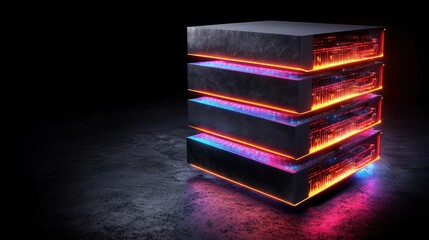 Wall Mural - a futuristic stack of glowing data servers showcasing vibrant lights against a dark backdrop