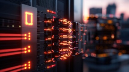 Wall Mural - close-up view of illuminated server connections in a modern data center at sunset