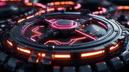 Poster - futuristic mechanical design featuring glowing neon elements in a high-tech environment