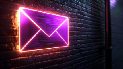 Wall Mural - neon envelope sign glowing on a dark brick wall in an urban alley at night