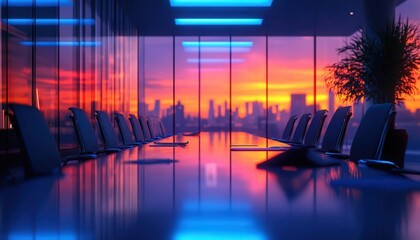 office meeting with clients and glowing ar presentation tools, sleek corporate setting, vibrant ligh