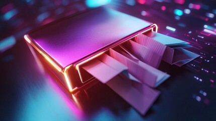 Wall Mural - futuristic drawer emitting vibrant light with digital papers emerging against a tech-inspired backgr