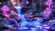 © Lailatul - Glowing mushrooms near waterfall, fantasy forest