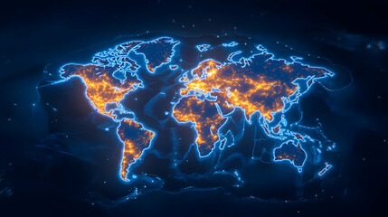 Glowing world map, global network, digital connections, dark background, data visualization