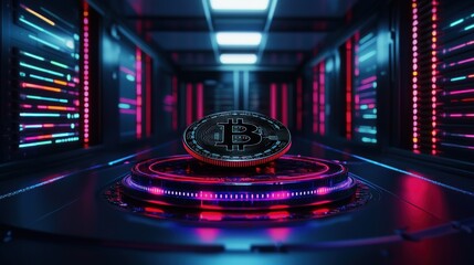 Wall Mural - a glowing bitcoin in a futuristic data center with vibrant lights and technology in the background