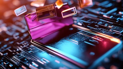 Poster - futuristic laptop with vibrant holographic elements on a high-tech circuit board background