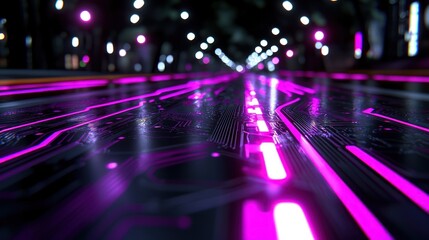 Poster - futuristic cityscape with glowing circuit patterns and neon lights illuminating the road