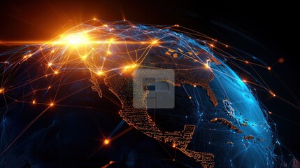 Wall Mural - vibrant digital representation of north america showcasing interconnected networks and data flow