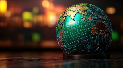 Wall Mural - a beautifully illuminated globe showcasing continents and oceans, set against a blurred city backgro