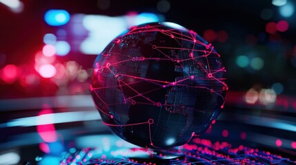 Wall Mural - a futuristic globe representing global connectivity with vibrant neon lines and blurred city lights