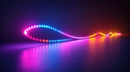 Wall Mural - colorful led light strip creating a vibrant wave pattern on a reflective surface at night