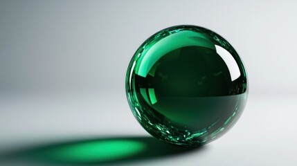 Poster - a glossy green glass sphere casting a soft shadow on a smooth surface, showcasing reflections