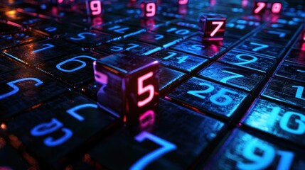 Poster - close-up of illuminated digital numbers on a futuristic surface with vibrant blue and pink lighting