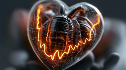 Wall Mural - glowing heart sculpture with heartbeat line held in hand, symbolizing life and technology