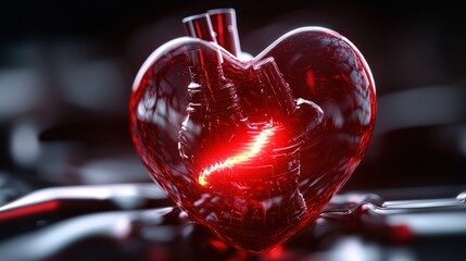 Poster - a glowing red heart sculpture with intricate details, set against a dark, reflective background