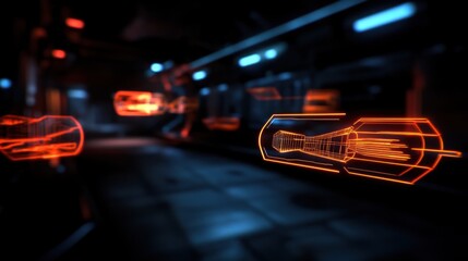 Poster - futuristic sci-fi corridor with glowing orange holographic projectiles in a high-tech environment