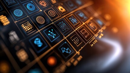 Wall Mural - abstract digital interface showcasing various icons and patterns with glowing effects