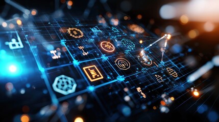 Wall Mural - futuristic digital interface showcasing interconnected technology icons and data visualization
