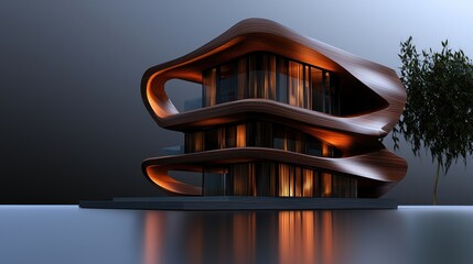 Wall Mural - modern architectural marvel with flowing design, illuminated at dusk, surrounded by a serene landsca