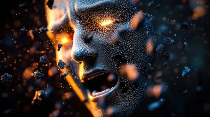 Wall Mural - abstract representation of a human face breaking apart with glowing eyes in a dark environment