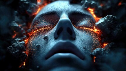 Wall Mural - a serene face emerging from volcanic rock, surrounded by glowing lava and dark textures