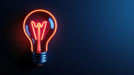 Wall Mural - vibrant neon light bulb glowing against a dark blue background, symbolizing innovation and creativit