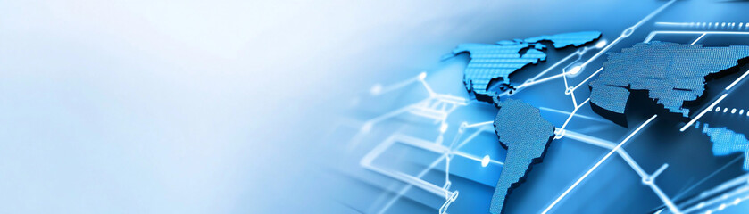 digital world map with blue background and technology elements