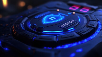 Wall Mural - futuristic control panel with glowing blue and purple lights, featuring play and pause buttons