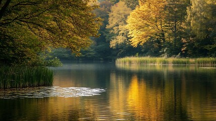 Poster - Serene Autumn Landscape with Golden Leaves and Calm Reflections on a Peaceful Lake : Generative AI