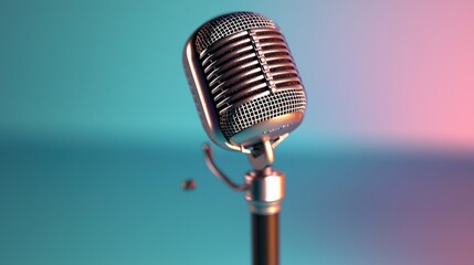 Wall Mural - vintage microphone on a stand with a colorful gradient background, ideal for music-related projects