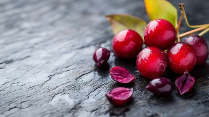 Poster - Fresh red cherries with leaves on a dark textured surface highlighting the richness of summer fruits : Generative AI