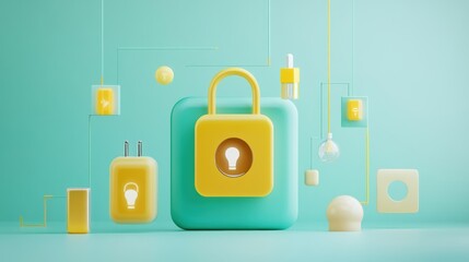 Wall Mural - colorful 3d illustration of a secure lock surrounded by light bulbs and plugs on a teal background