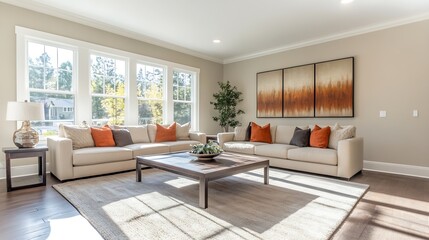 Aufkleber - Bright and Airy Modern Living Room with Comfortable Sofa and Natural Light : Generative AI