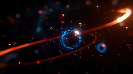 Wall Mural - abstract representation of atomic structure with glowing particles and rings in a dark background