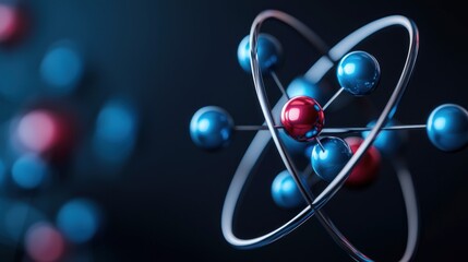 Wall Mural - close-up view of a colorful atomic structure with electrons orbiting a nucleus, set against a dark b
