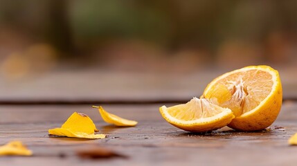 Poster - Freshly Cut Orange on Wooden Table Surrounded by Bright Citrus Peel Pieces in Warm Lighting : Generative AI