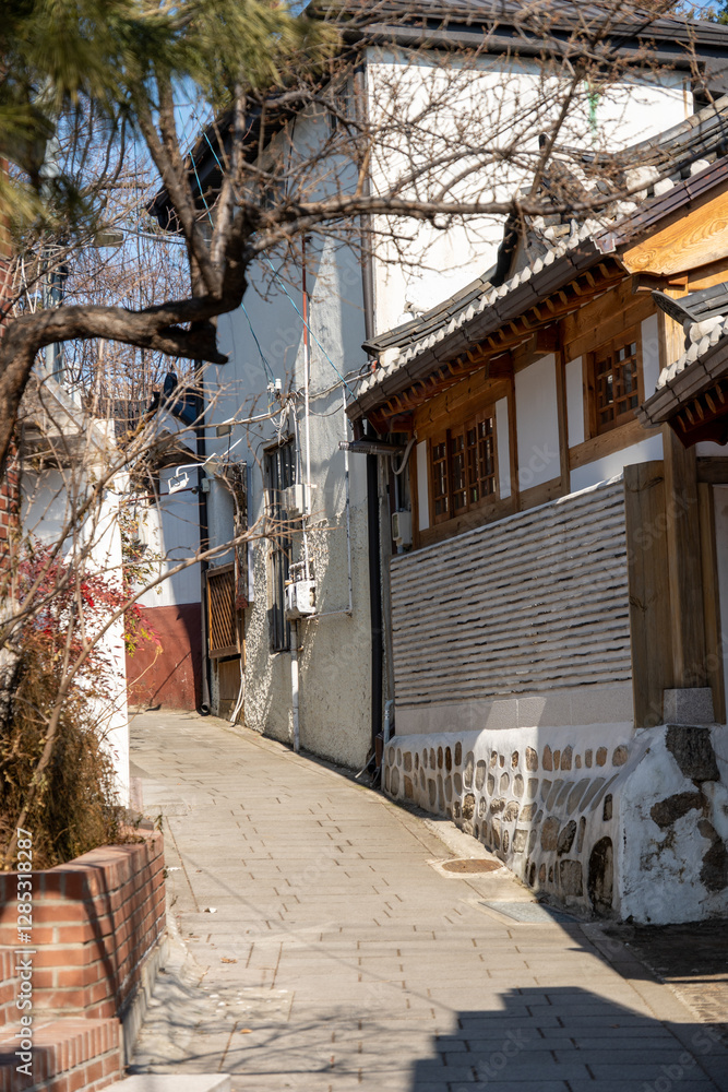 photograph of Bukchon Hanok Village, Korean traditional house in Seoul ...