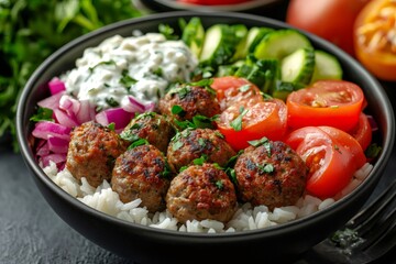 Wall Mural - Delicious greek keftedakia bowl with rice, vegetables and tzatziki sauce garnished with fresh parsley