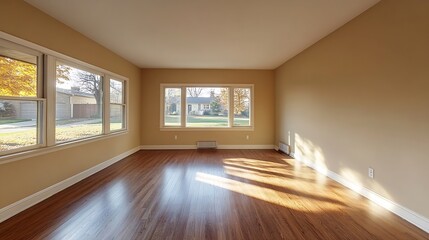 Poster - Bright Empty Living Room with Large Windows Allowing Natural Light and Spacious Feel : Generative AI