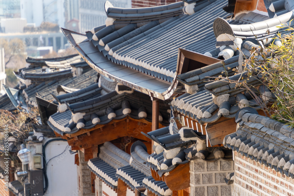 photograph of Bukchon Hanok Village, Korean traditional house in Seoul ...