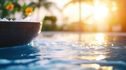 Poster - Beautiful Swimming Pool at Sunset with Sparkling Water and Vibrant Tropical Flowers : Generative AI