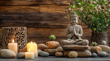 Poster - Serene Buddha Sculpture Surrounded by Candles and Natural Stones for Tranquil Home Decor : Generative AI