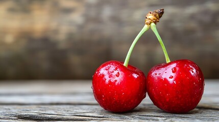 Poster - Fresh Red Cherries with Water Drops on a Wooden Surface for Culinary or Healthy Lifestyle : Generative AI