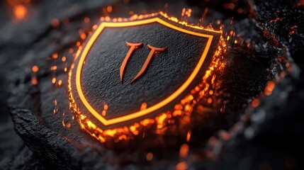 Wall Mural - glowing shield emblem on a textured dark surface with molten lava-like accents