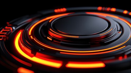 Wall Mural - abstract close-up of a futuristic circular design with glowing orange lines on a dark background