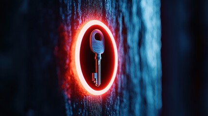 Wall Mural - a glowing keyhole illuminated by neon light on a textured surface, suggesting mystery and exploratio